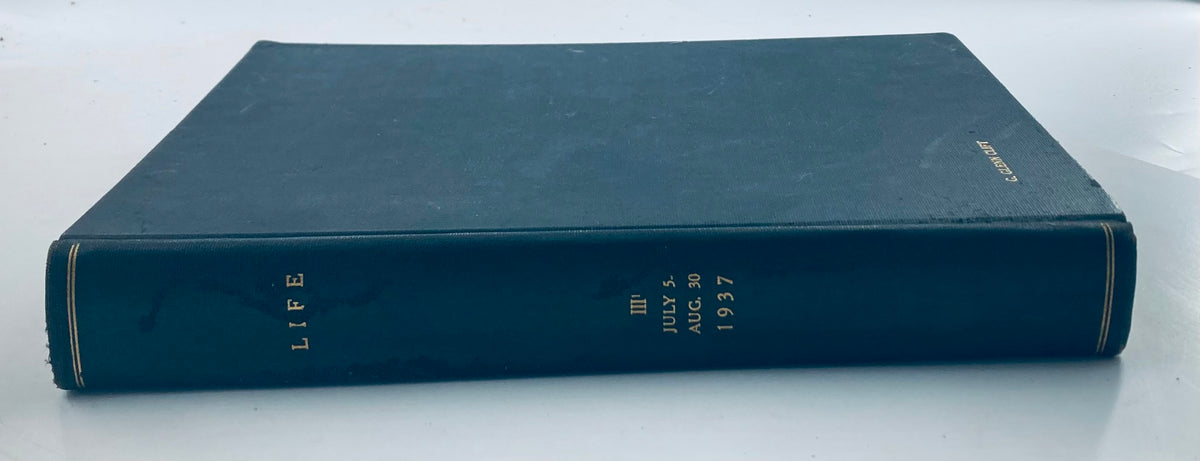 Spine of the VTG 1937 Bound Life Magazine indicating the publication period from July 5 to August 30, with the author's name embossed on the spine.
