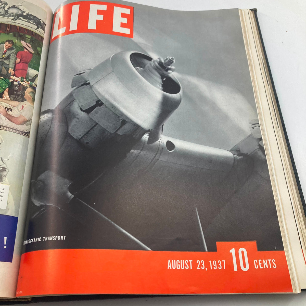 Cover of VTG 1937 Bound Life Magazine from August 23, 1937 showcasing an aircraft's engine, representing advancements in transoceanic transport technology of the era.