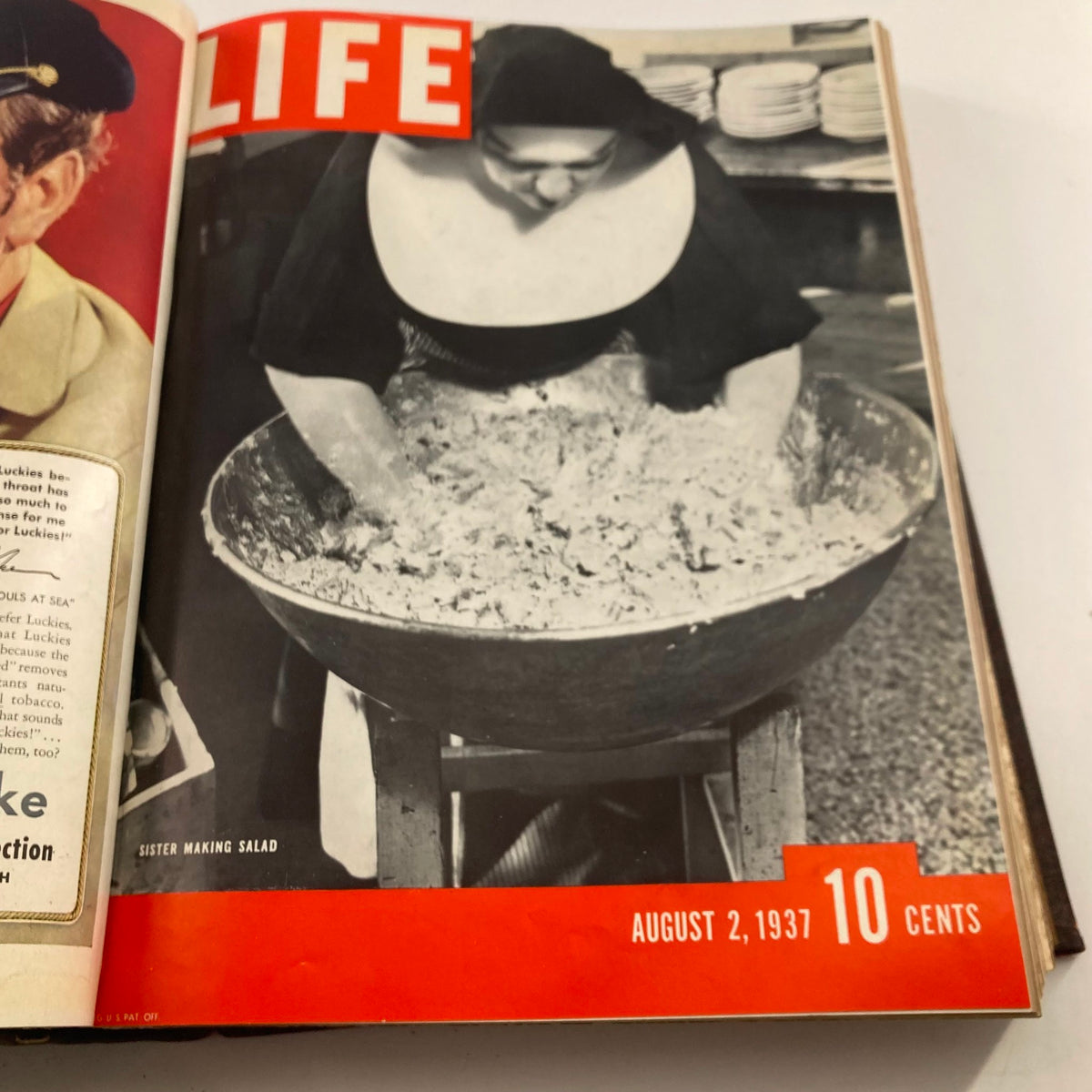 VTG 1937 Bound Life Magazine Cover illustrating a nun making salad, dated August 2, 1937.