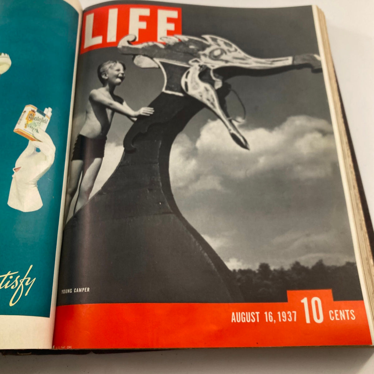 VTG 1937 Bound Life Magazine Cover capturing a young boy at summer camp, dated August 16, 1937.