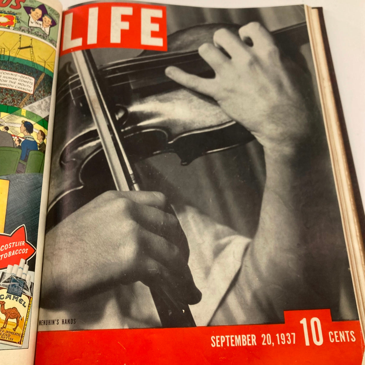 Cover of the VTG 1937 Bound Life Magazine for September 20, 1937, displaying a close-up of Yehudi Menuhin's hands playing the violin, celebrating musical talent in the era.