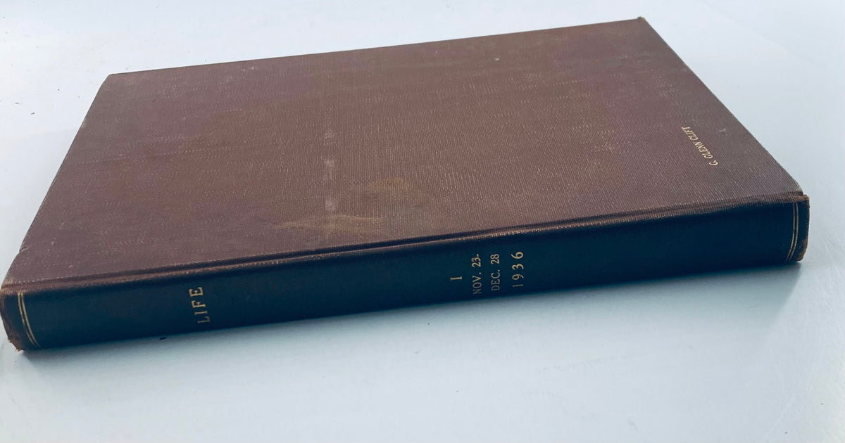 VTG 1936 Bound Life Magazine November - December Complete First Weekly Issue, showing the spine of the magazine with 'LIFE NOV. 23 - DEC. 28 1936' embossed in gold.