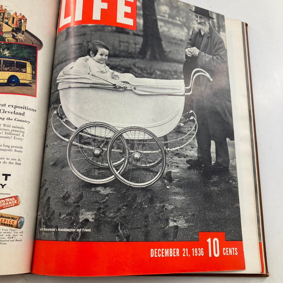 Vintage 1936 Bound Life Magazine featuring a child in a stroller on the cover, dated December 21, 1936, showcasing Lord Beaverbrook's granddaughter.
