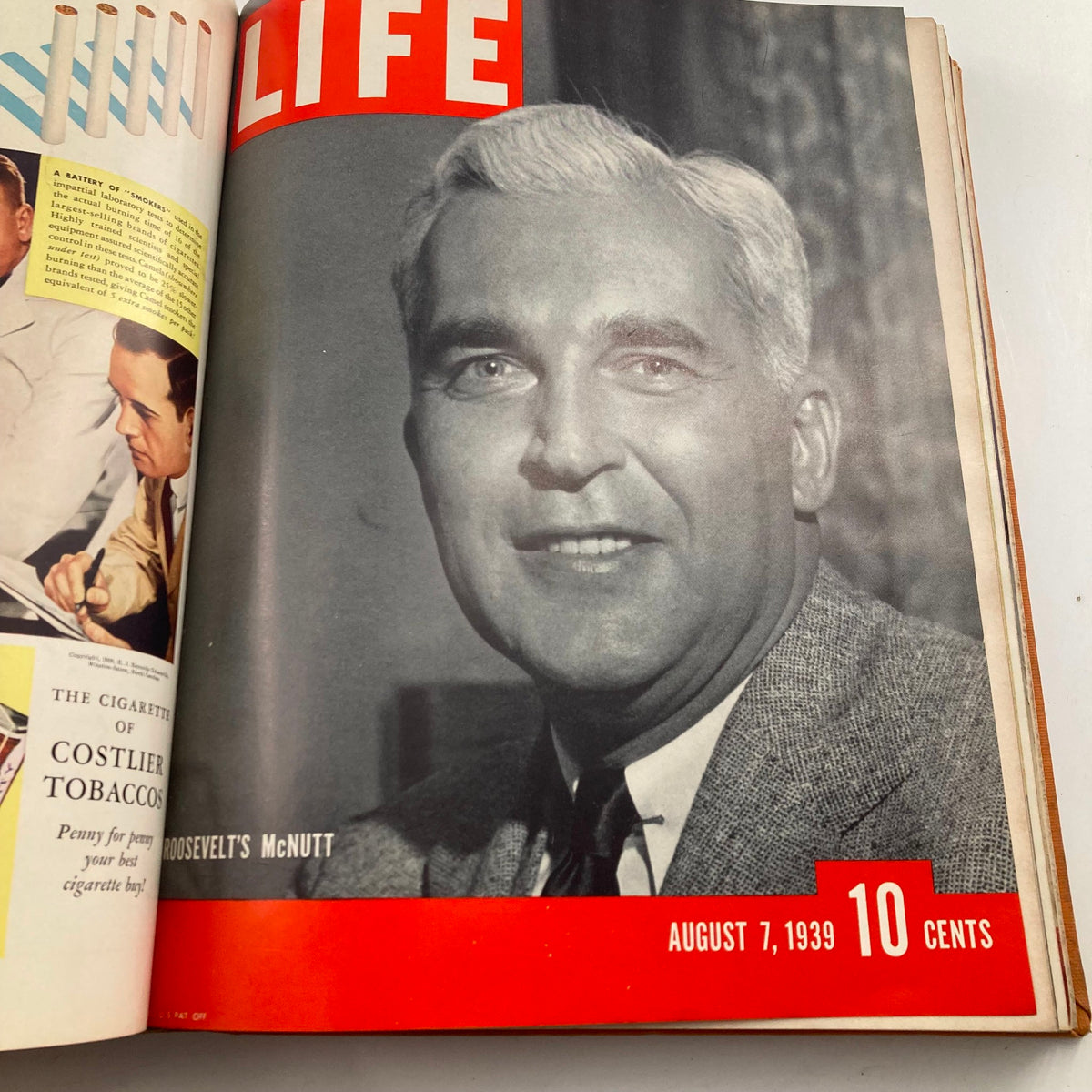 Cover of Vintage 1939 Bound Life Magazine depicting Roosevelt's McNutt, August 7, 1939 issue.