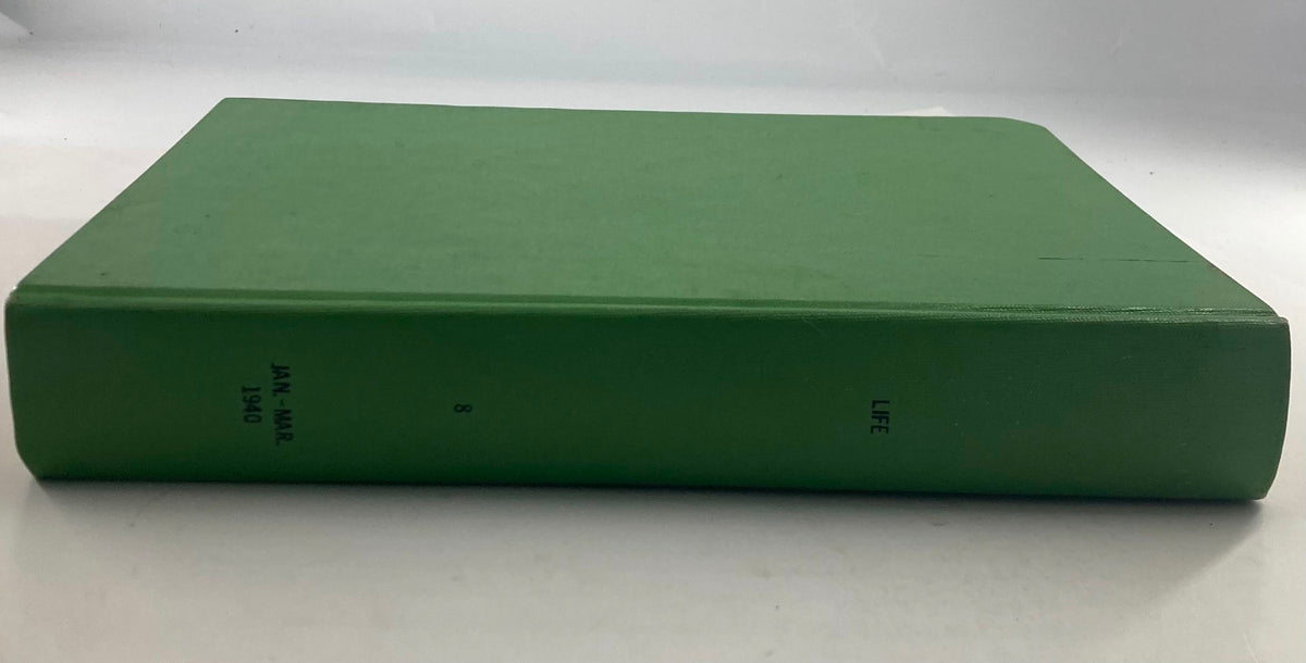Spine view of VTG 1940 Bound LIFE Magazine collection, labeled January-March 1940, reflecting the book's vintage condition.