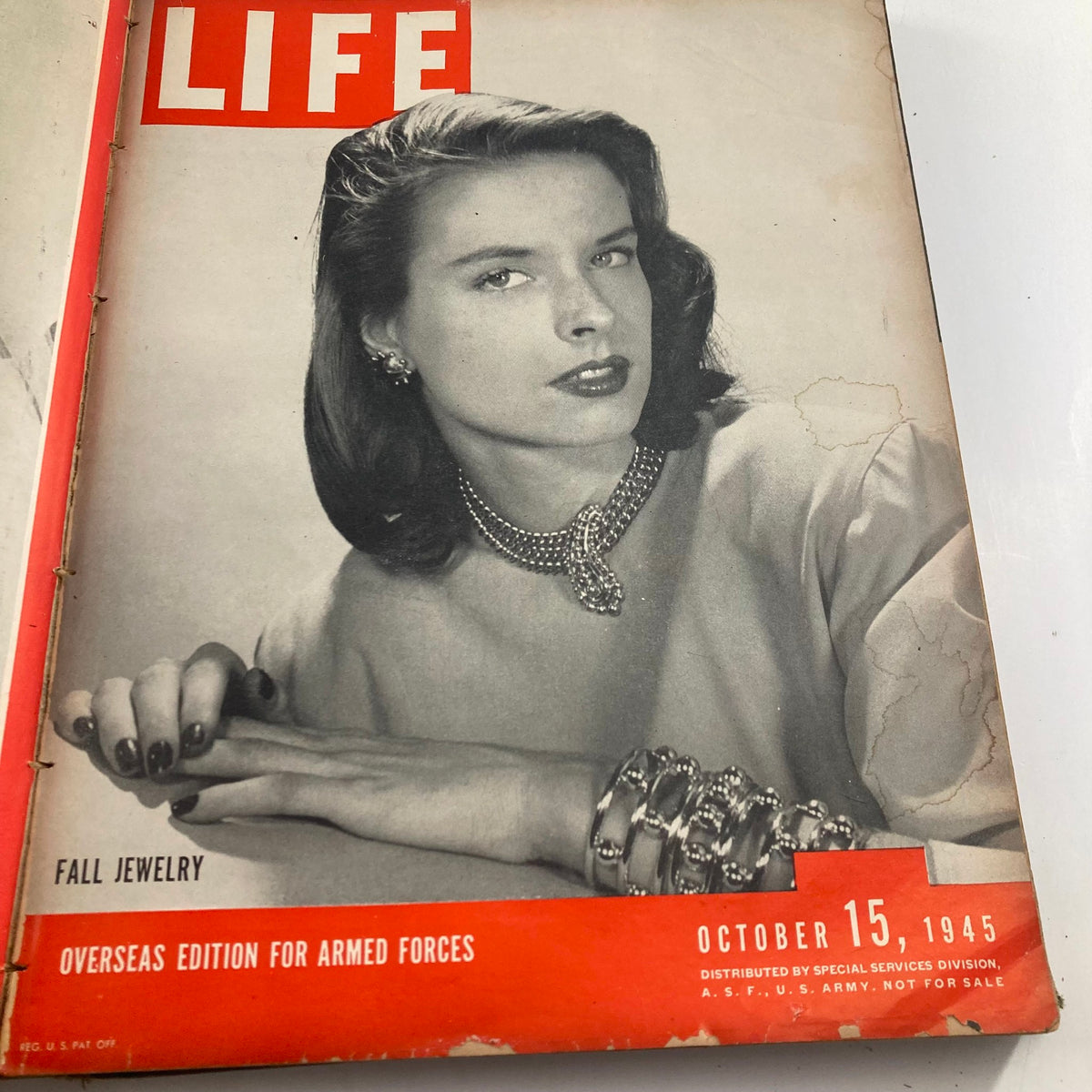 Cover of VTG 1945 Bound Life Magazine, October 15, featuring Fall Jewelry and model displaying accessories.