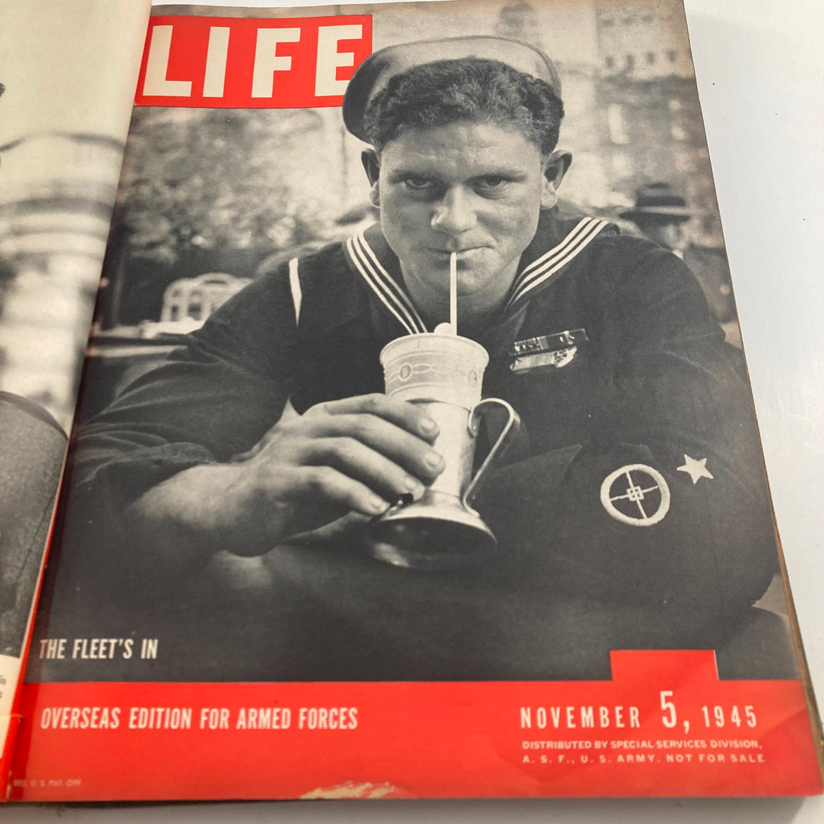 Cover of VTG 1945 Bound Life Magazine, November 5, featuring a U.S. Navy sailor enjoying a milkshake.