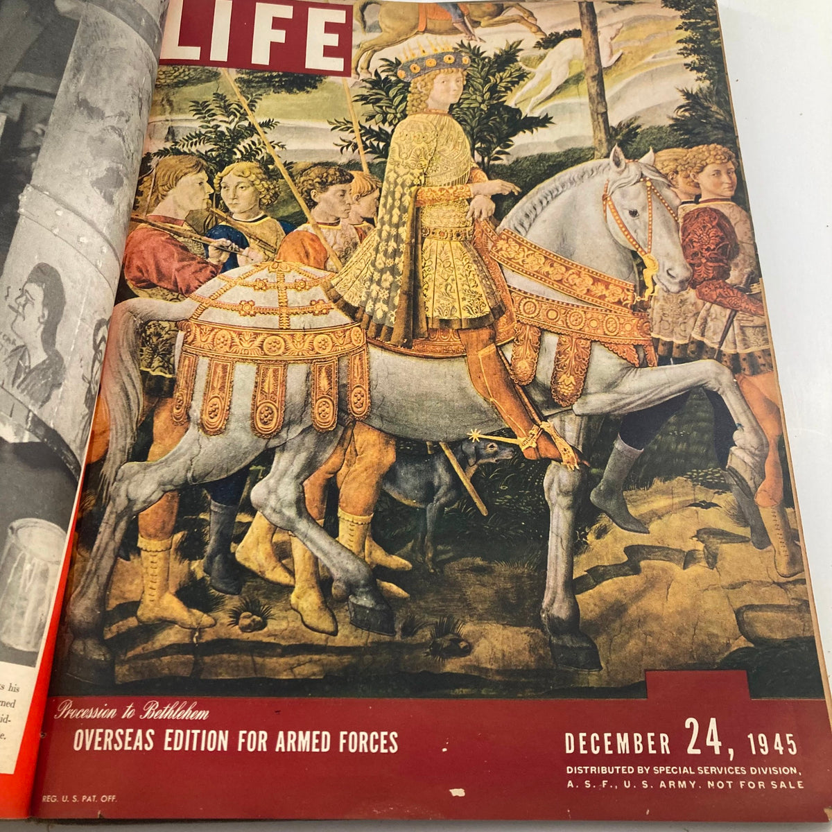 Cover of VTG 1945 Bound Life Magazine depicting a historical illustration, dated December 24, 1945, reflecting artistic styles and themes of the mid-20th century.