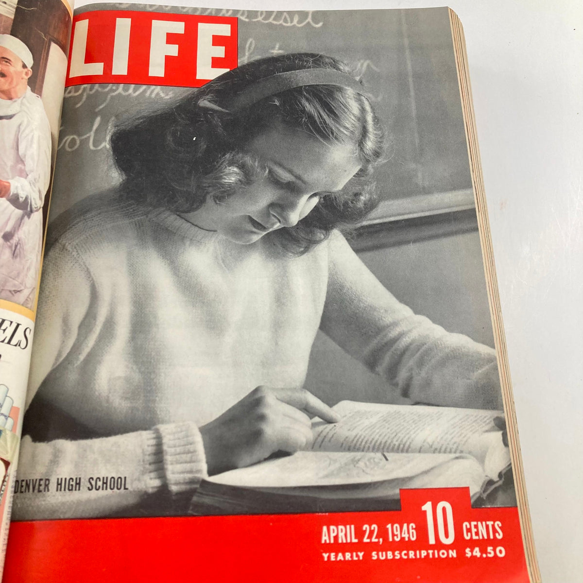 Cover of VTG 1946 Bound Life Magazine featuring a young woman studying, dated April 22, 1946.