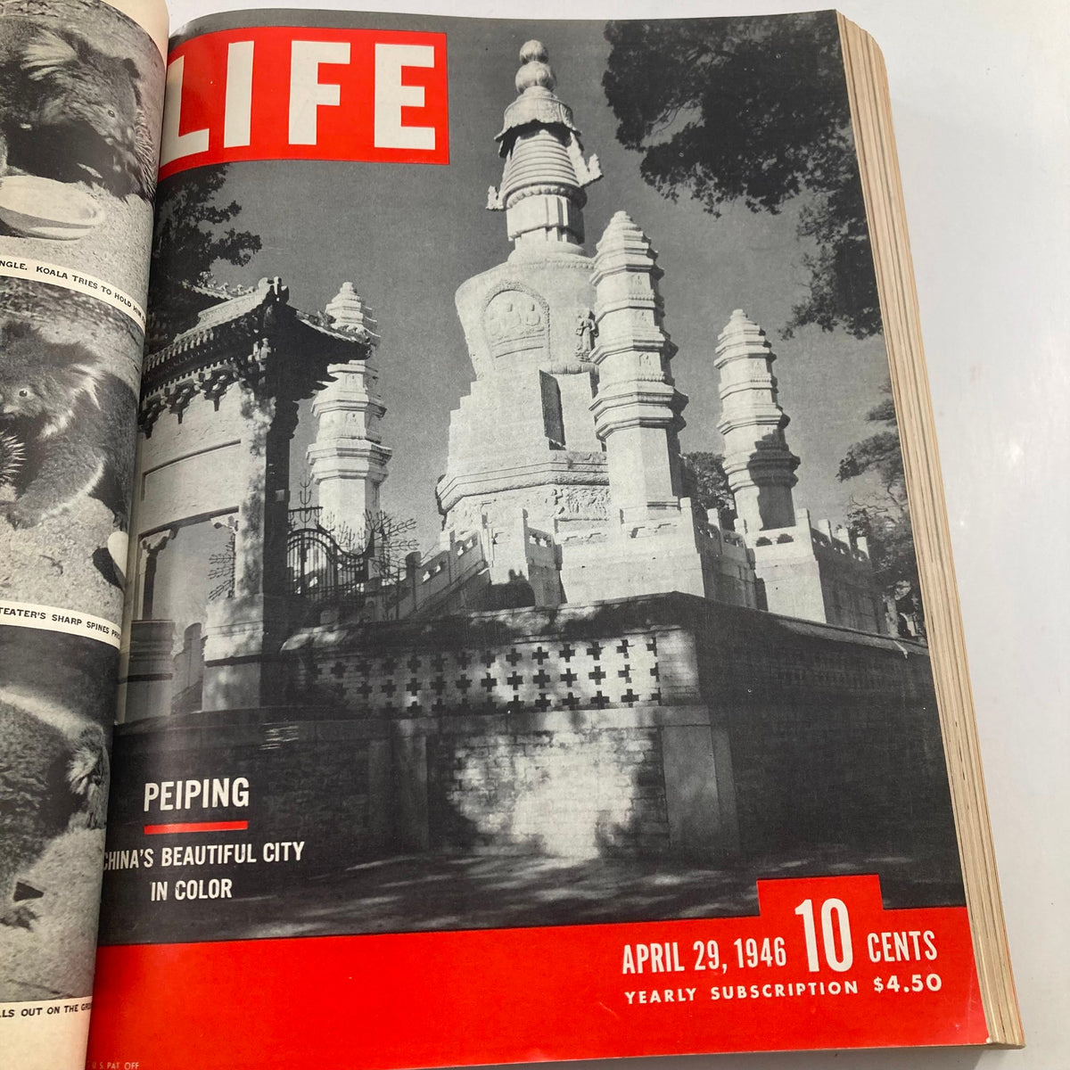 Cover of VTG 1946 Bound Life Magazine showcasing a historic monument in Peiping, China, dated April 29, 1946.