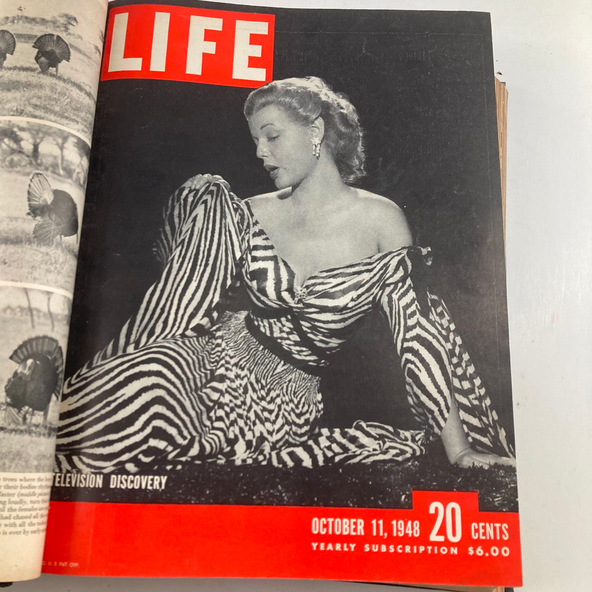 VTG 1948 Bound Life Magazine cover showcasing a glamorous woman in a zebra-striped dress, dated October 11, 1948.