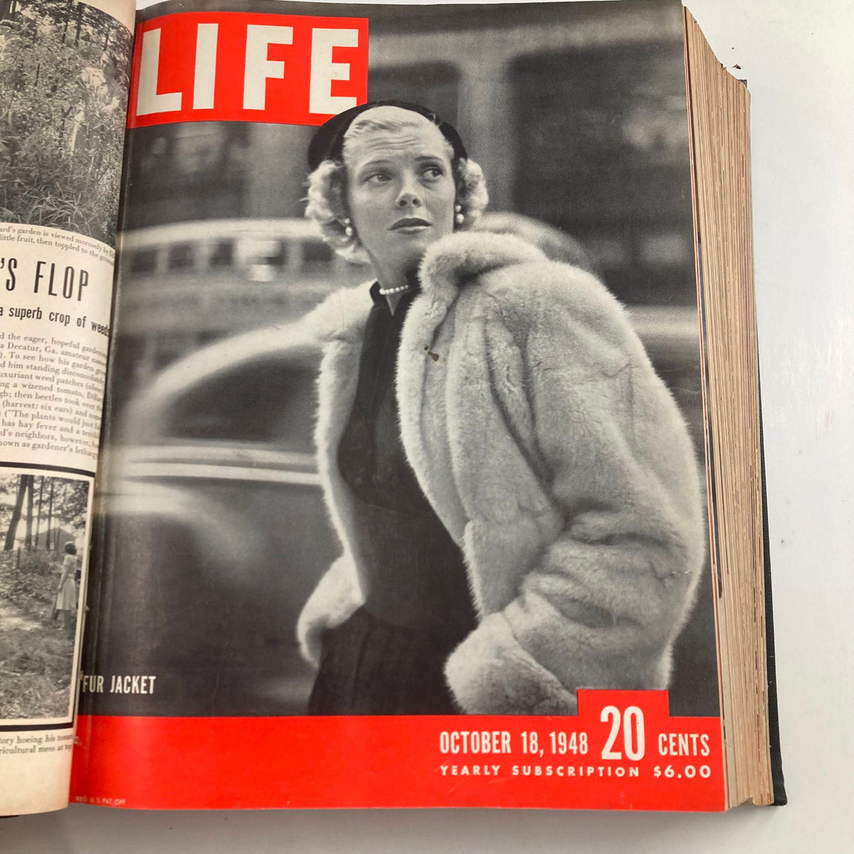 VTG 1948 Bound Life Magazine cover featuring a stylish woman in a fur jacket, dated October 18, 1948.