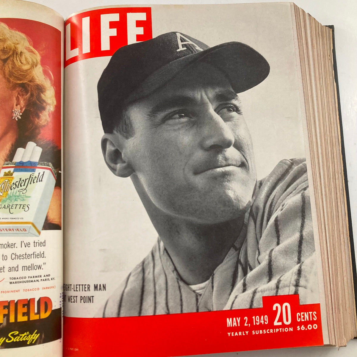Cover of VTG 1949 Bound Life Magazine featuring a baseball player from West Point, dated May 2, 1949.