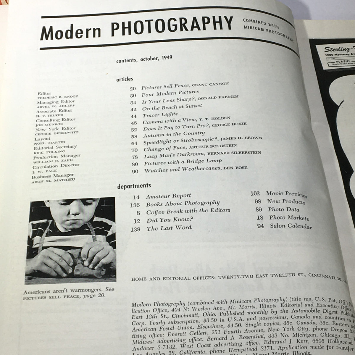 Table of contents page from the October 1949 Modern Photography magazine, listing articles and features relevant to mid-century photographic trends.