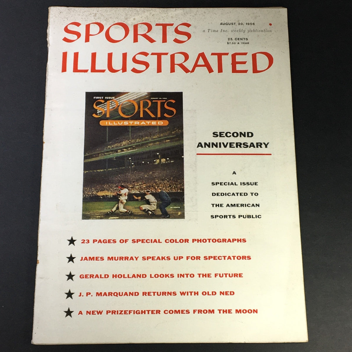 Cover of Sports Illustrated Magazine August 20 1956 featuring second anniversary issue highlights, with emphasis on stories by James Murray and J.P. Marquand.