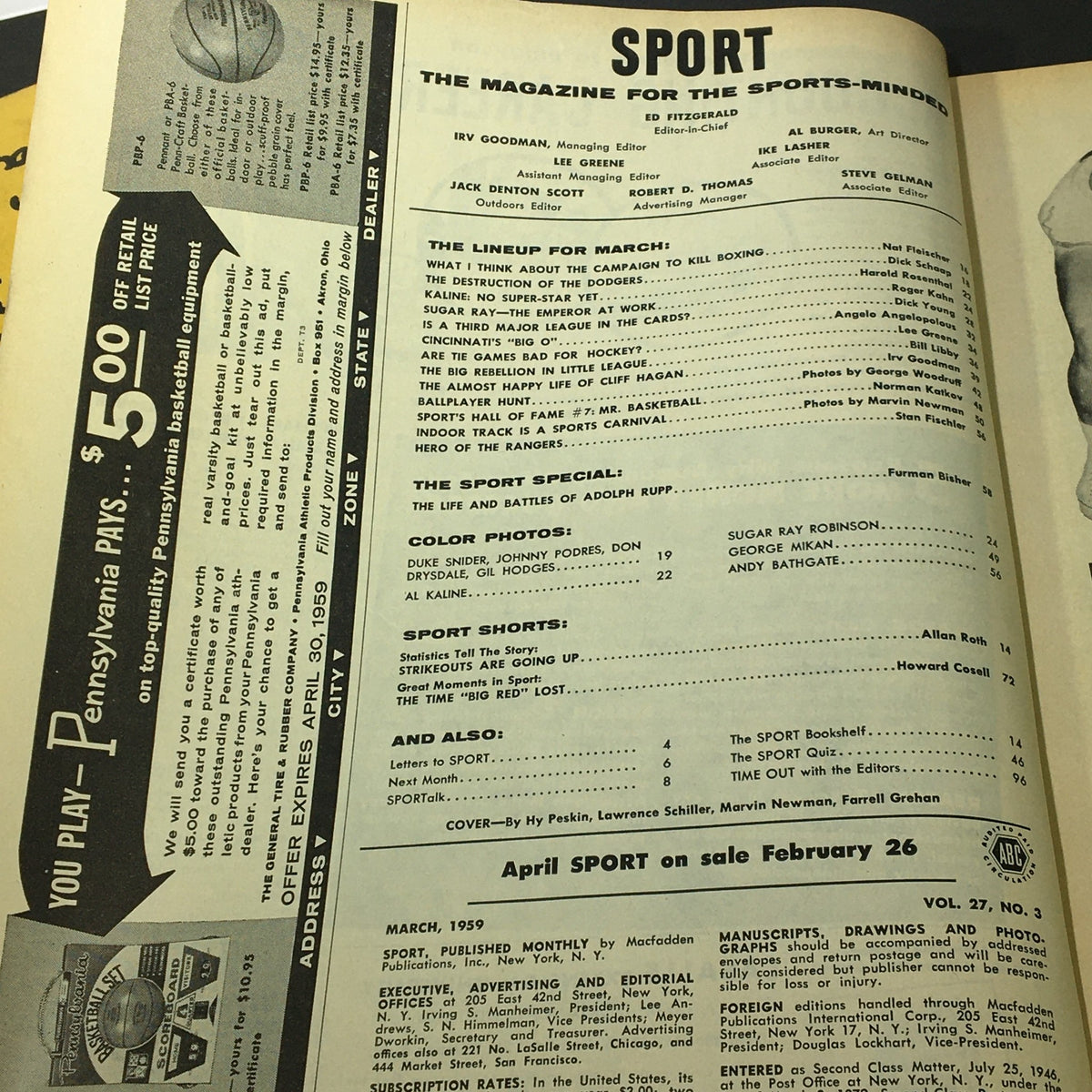 Interior page of VTG Sport Magazine March 1959 featuring articles lineup, including Al Kaline, Oscar Robertson, and Ron Delany. Displays content references and magazine layout.