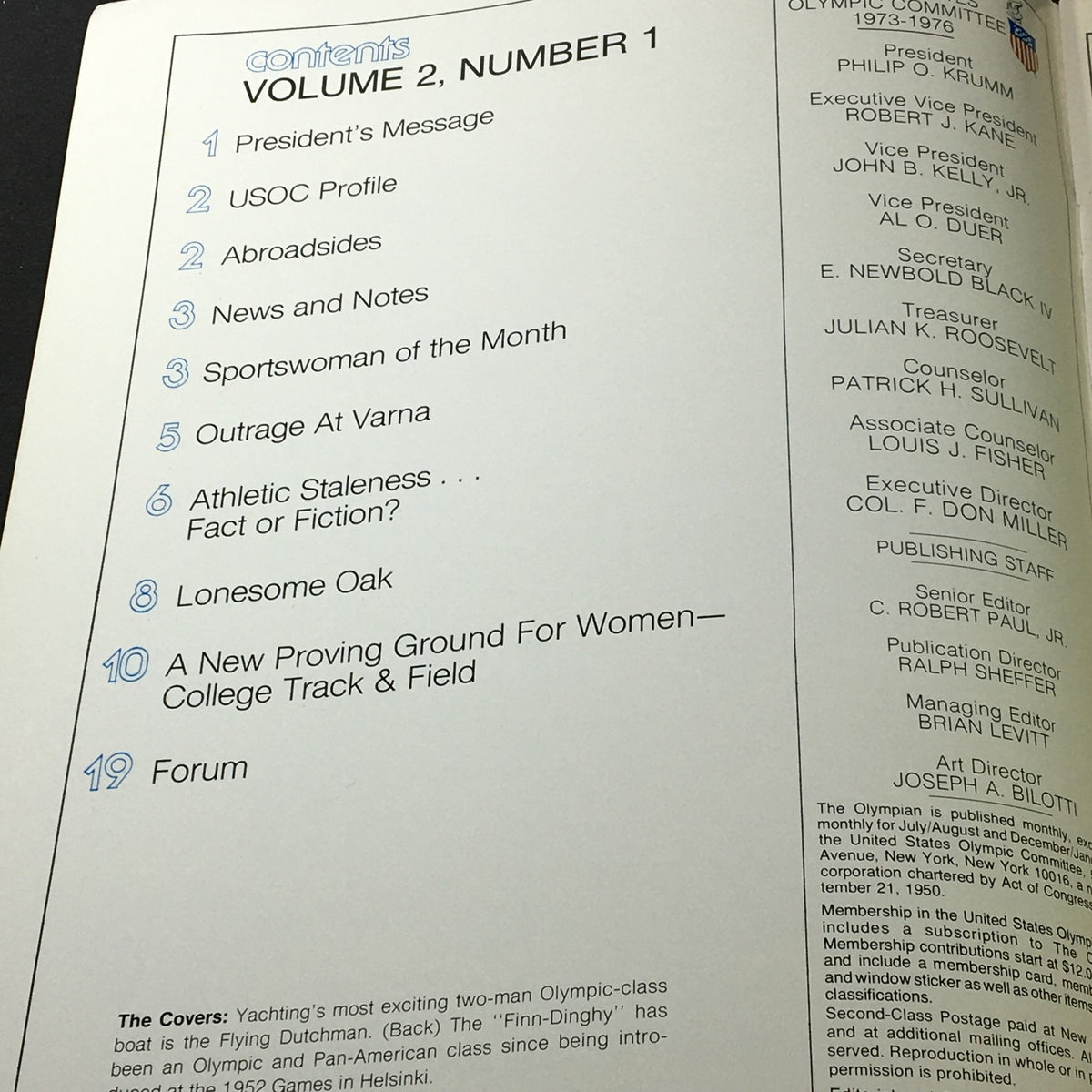 Contents page of VTG The Olympian Magazine July August 1975 Vol 2 #1, listing articles and features about Olympic-class boating and athletic topics.