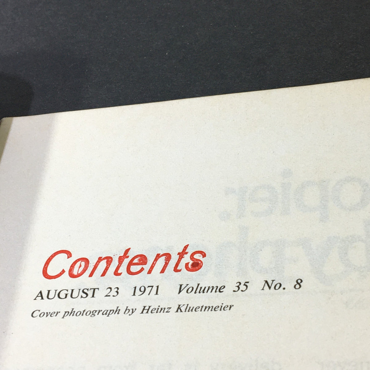 Interior image showing the contents page of the VTG Sport Illustrated Magazine August 23, 1971, noting the volume and issue number with a description of the cover photograph.