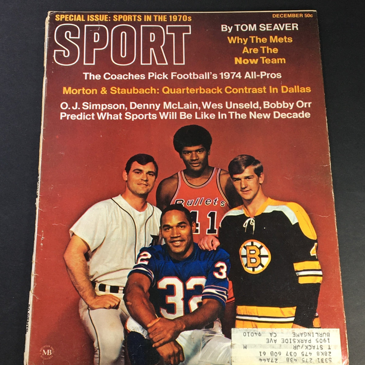 VTG Sport Magazine December 1969 cover featuring O.J. Simpson, Denny McLain, Wes Unseld, and Bobby Orr, showcasing iconic athletes and sports history.