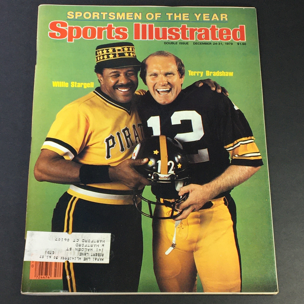 Cover of Sports Illustrated Magazine dated December 24-31, 1979 featuring Willie Stargell and Terry Bradshaw, showcasing these sports icons in a celebratory pose. The magazine highlights them as Sportsmen of the Year in vibrant colors.