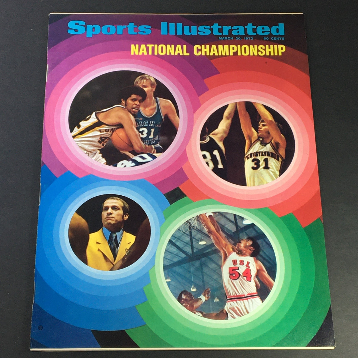 Cover of VTG Sports Illustrated Magazine from March 20, 1972, featuring National Championship. The design includes vibrant colors and photographs of basketball players, showcasing the excitement of college sports during the early 1970s.