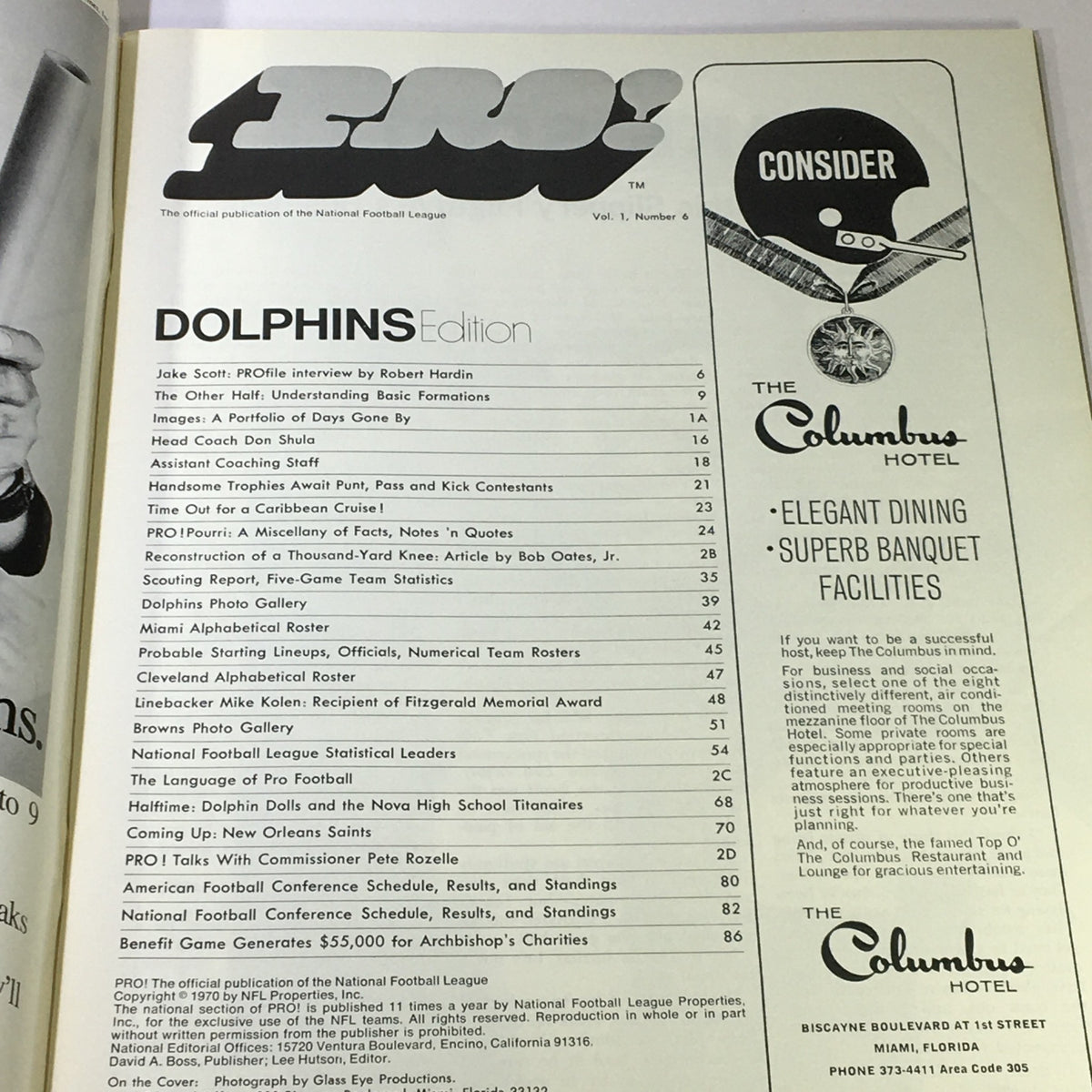 Inside page of VTG Pro magazine from the Orange Bowl October 25 1970, featuring an article on Jake Scott and details about the Dolphins edition.