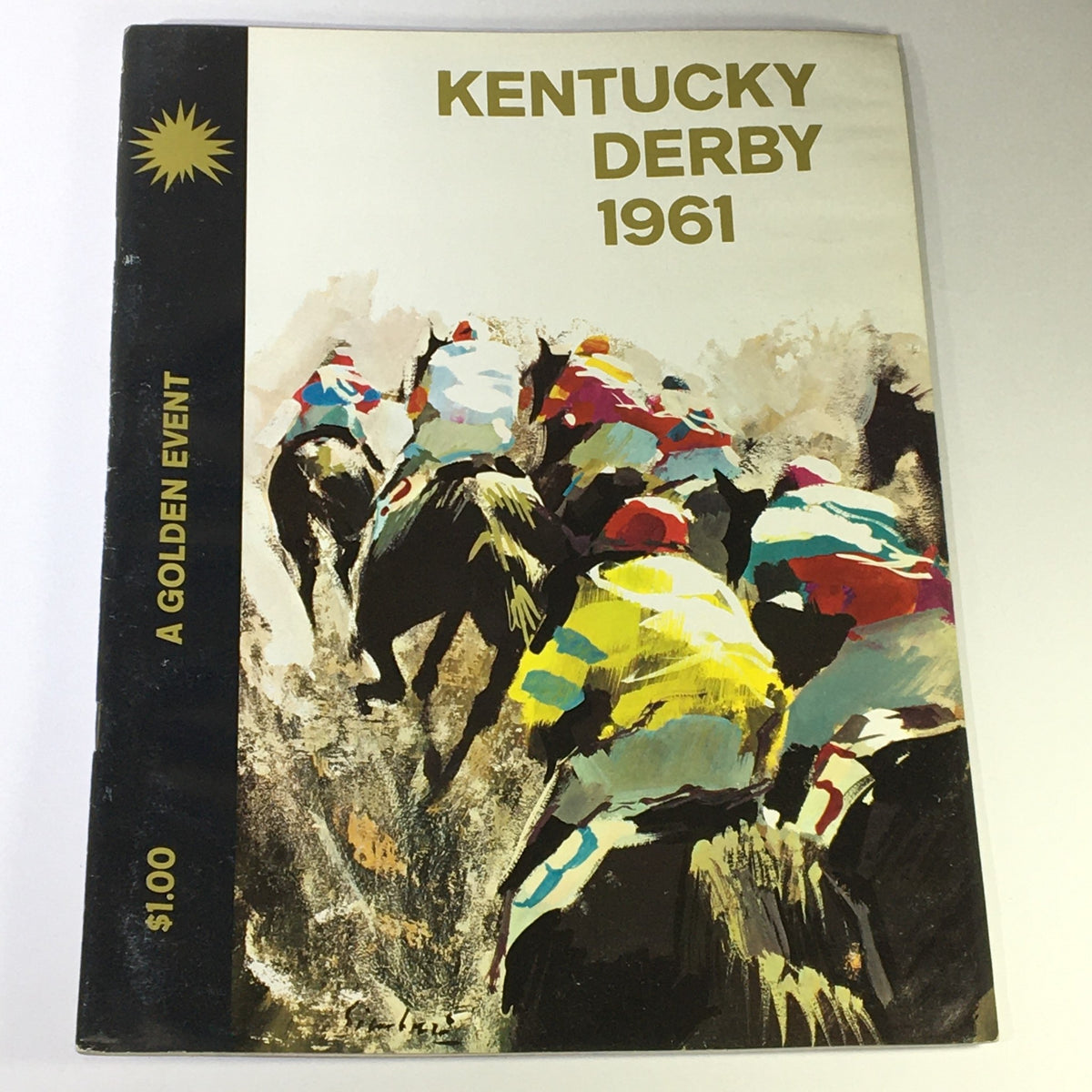 Cover of the VTG The 87th Kentucky Derby A Golden Event 1961 Program, featuring vibrant artwork of horses racing, showcasing the excitement of the prestigious horse racing event.