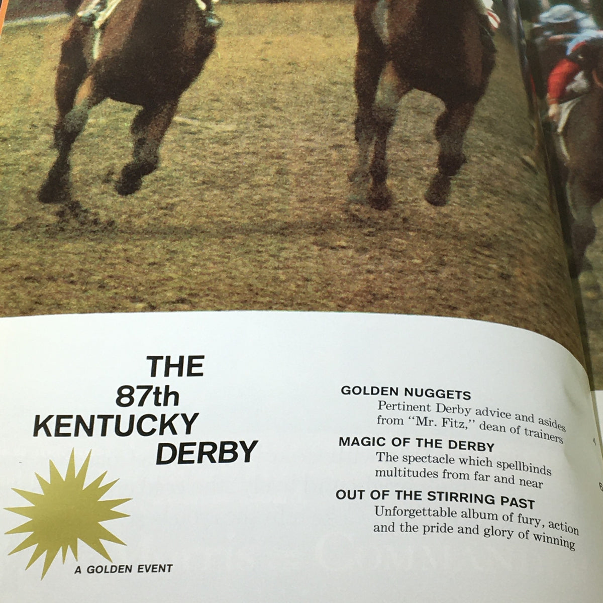 Cover page of the 1961 87th Kentucky Derby Program titled 'A Golden Event', showcasing the title with dynamic images of horses racing.