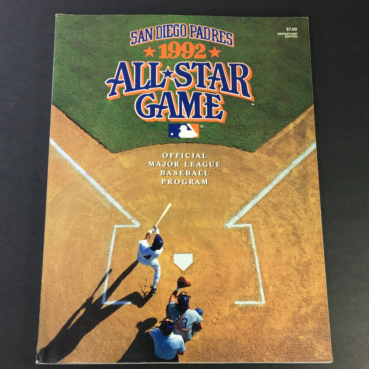 Official MLB Baseball Program 1992 San Diego Padres featuring the All-Star Game cover showing an aerial view of baseball players on field.