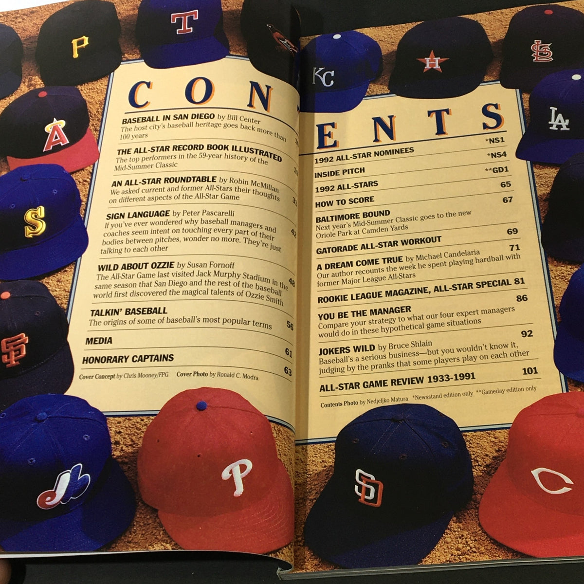 Table of contents from the Official MLB Baseball Program 1992 San Diego Padres, featuring sections on baseball history, All-Star nominees, and player highlights.