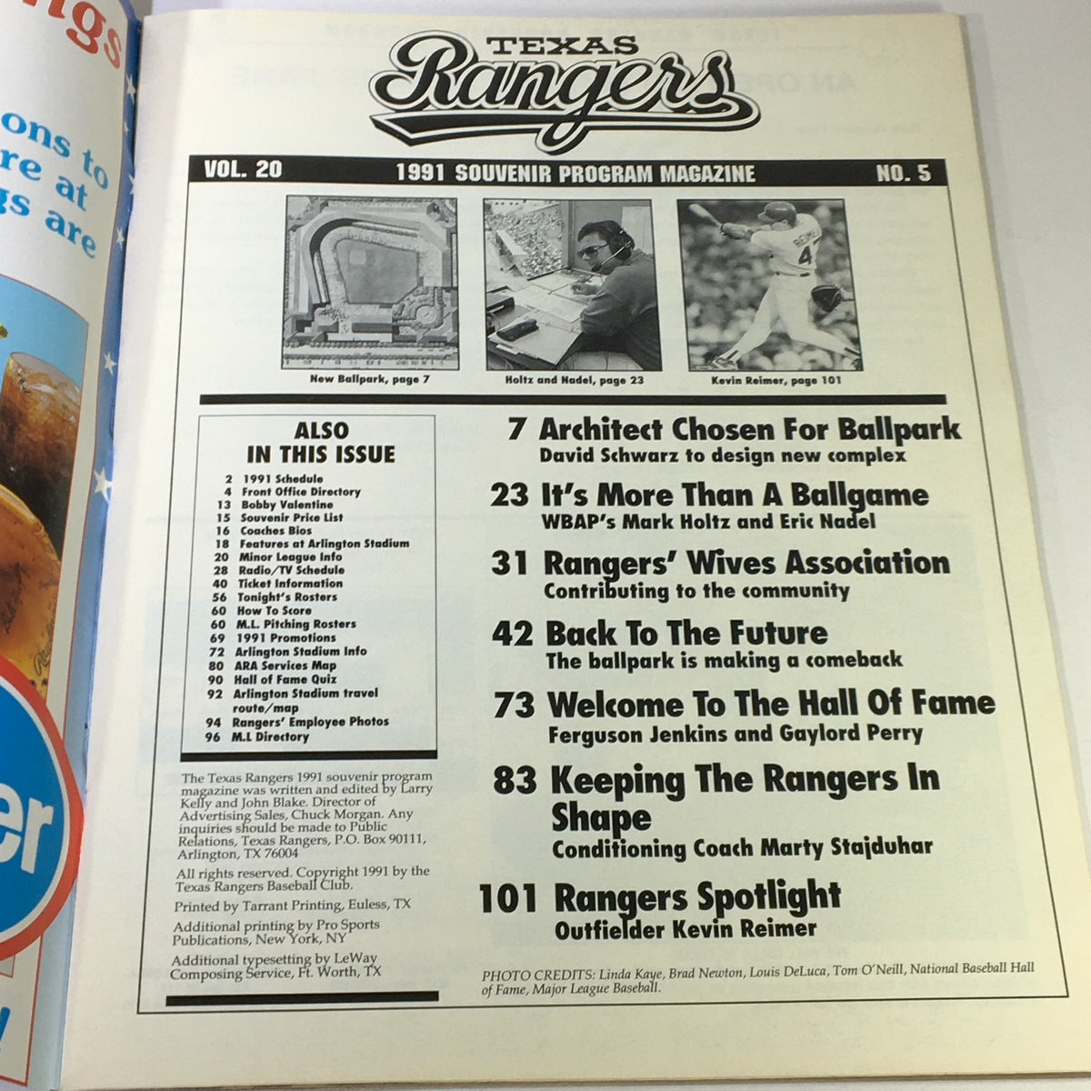1991 Souvenir Program Magazine table of contents, listing features about the Texas Rangers, including articles and player highlights.