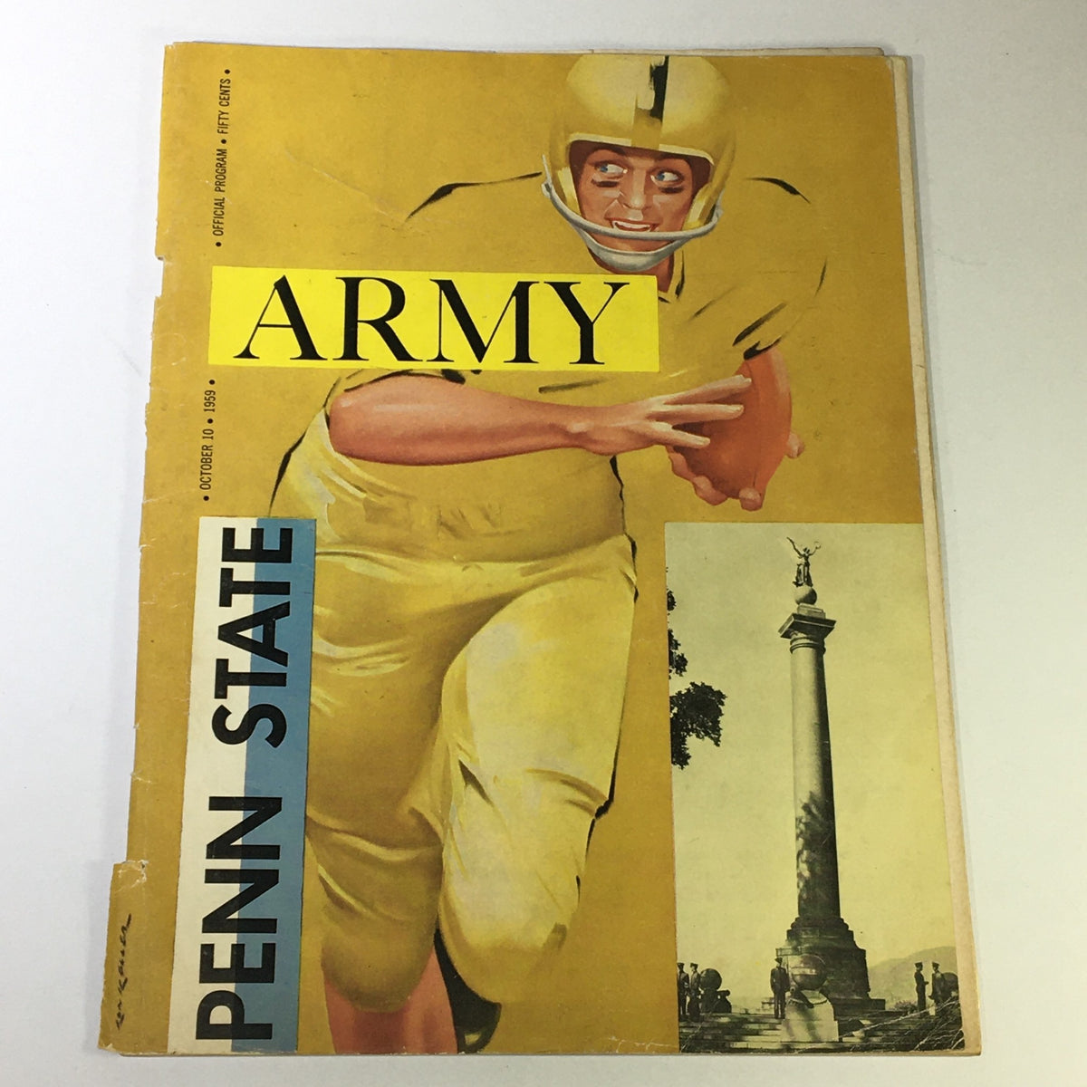 Vintage Official Program October 10 1959 Penn State Army featuring a colorful cover illustration of a football player and notable landmarks.