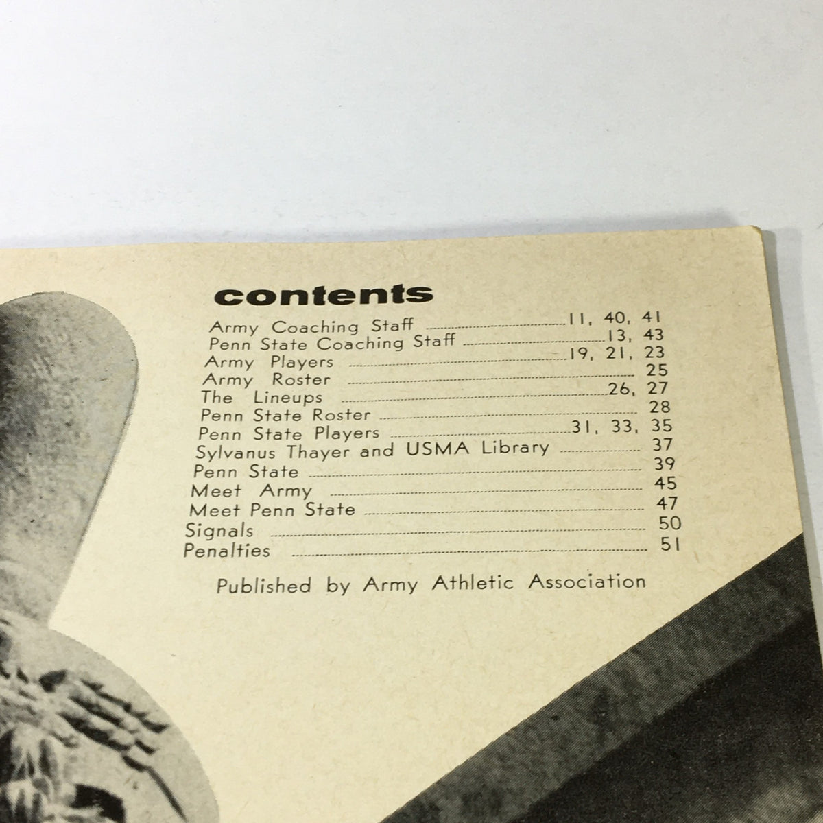 Contents page from the Vintage Official Program October 10 1959 Penn State Army, detailing the coaching staff and player rosters.