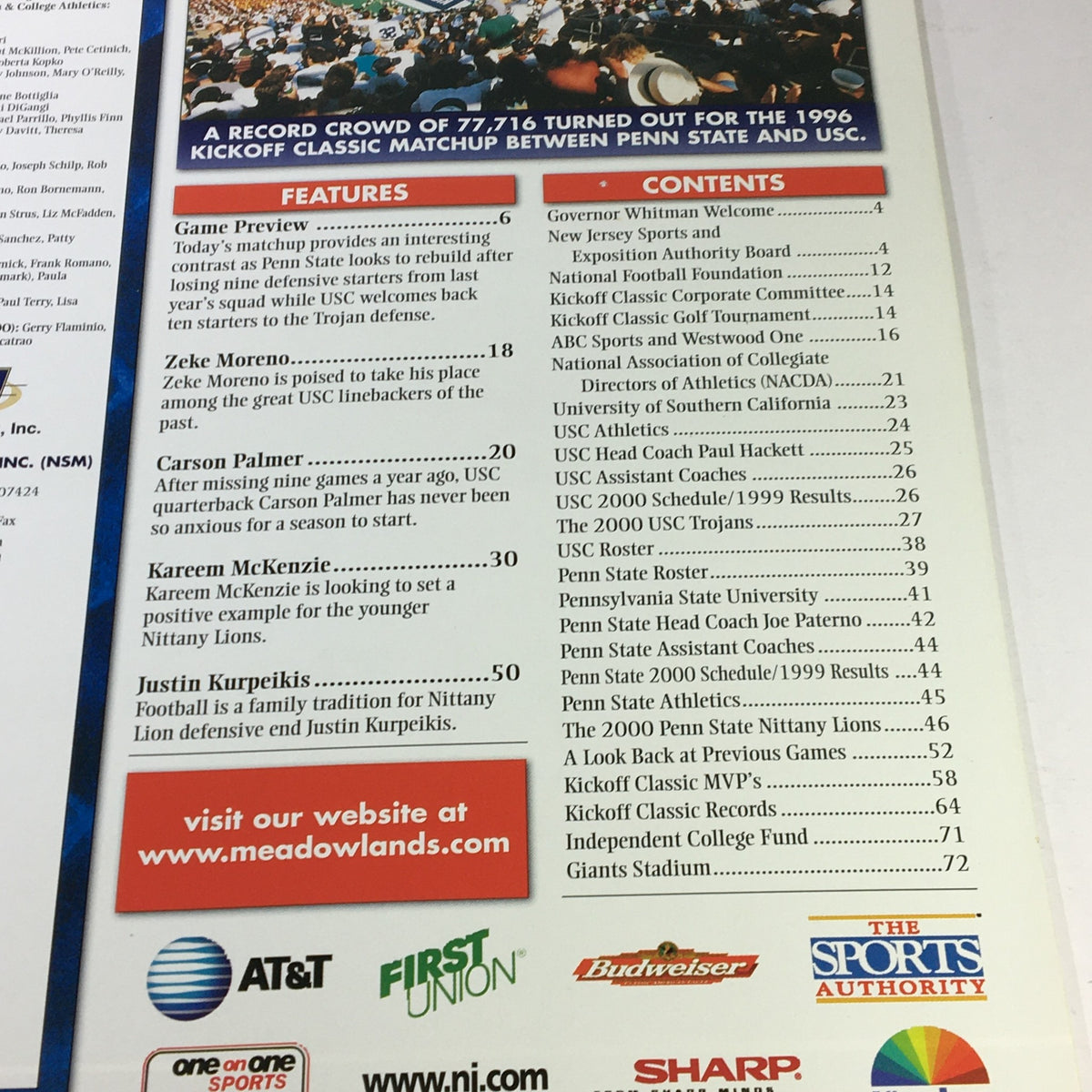 Back cover of Kickoff Classic XVIII magazine highlighting game features and statistics from the 1996 matchup between Penn State and USC.