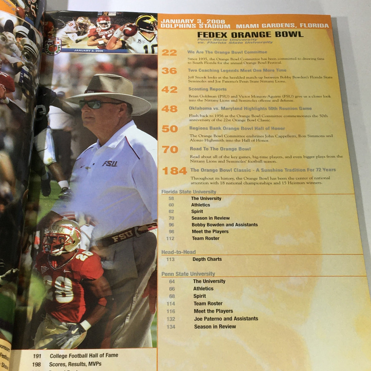 Inside page from the Fedex Orange Bowl 72nd Annual Super Bowl Championship Series program, featuring information about the event at Dolphins Stadium, scores, results, and team rosters for Penn State University and Florida State University.