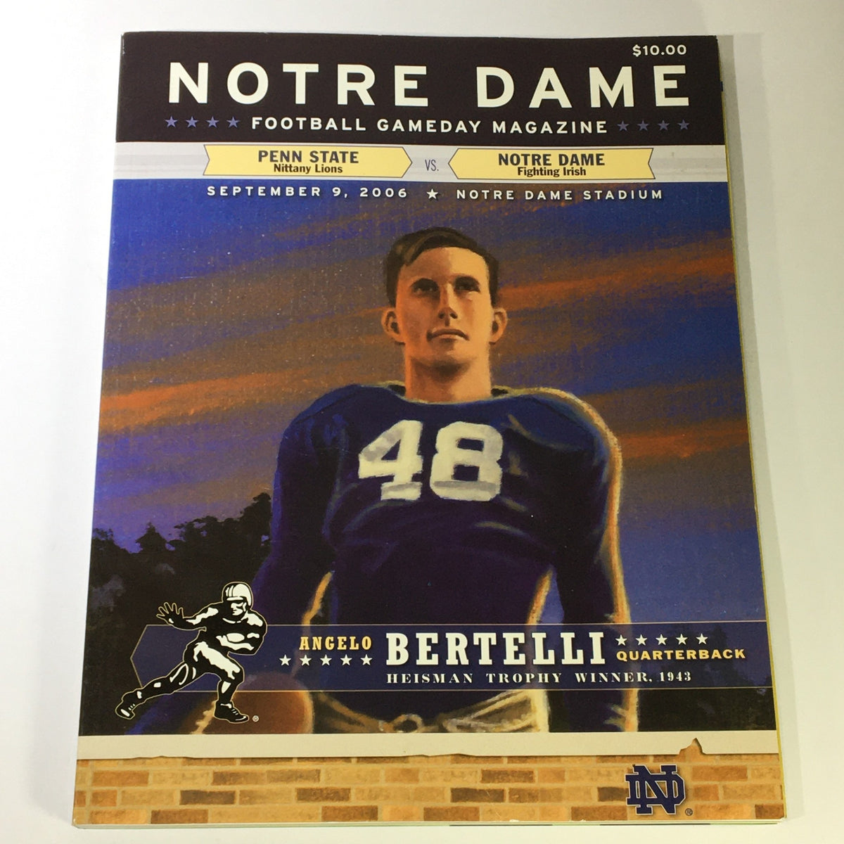 Cover of Football Gameday Magazine featuring Notre Dame vs. Penn State on September 9, 2006, showcasing quarterback Angelo Bertelli with the iconic Notre Dame logo.