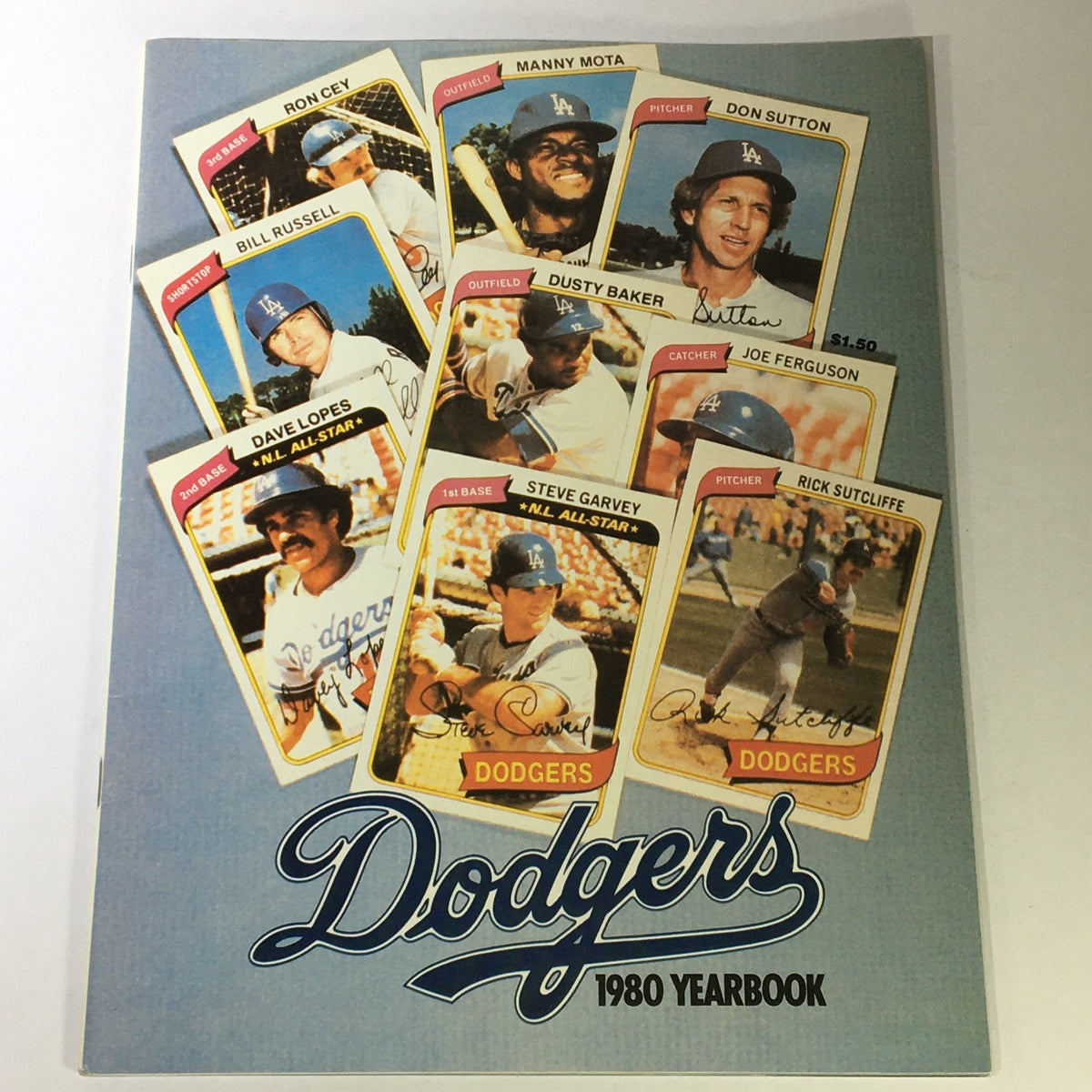 VTG MLB 1980 Official Los Angeles Dodgers Yearbook featuring Bill Russell, Manny Mota, and other players, showcasing player cards and signatures with a Dodgers logo on the cover.