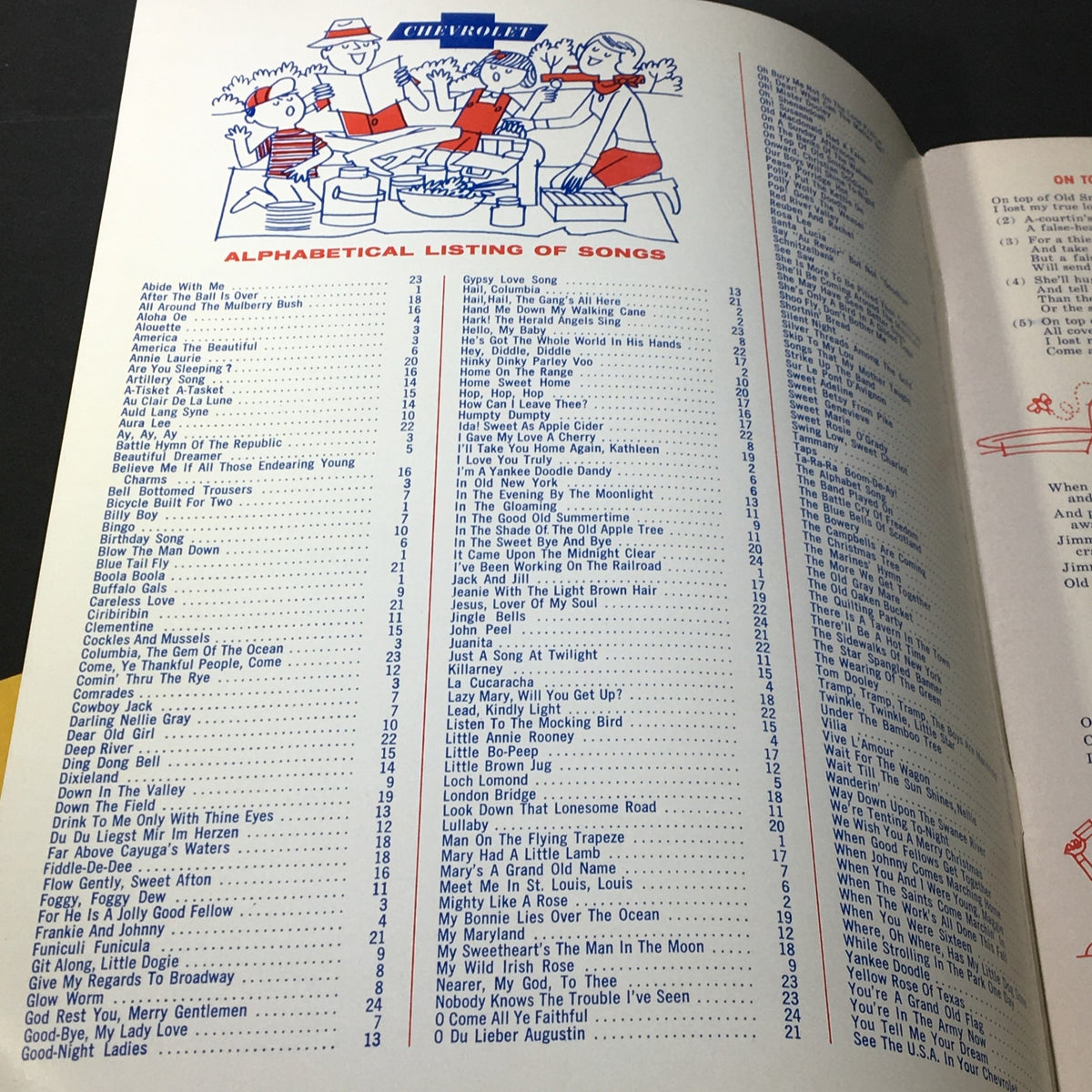 Interior page of the 1964 Sing of the U.S.A. with Chevrolet songbook showcasing the alphabetical listing of songs, highlighting popular 1960s melodies.