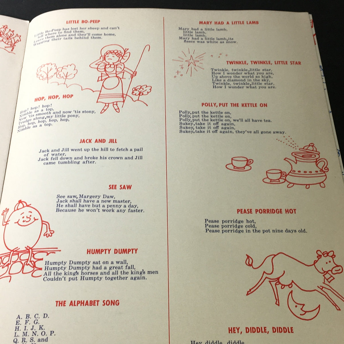 Page from the 1964 Sing of the U.S.A. with Chevrolet Alphabetical Listings of Songs Songbook featuring children's songs with illustrations, including 'Little Bo-Peep', 'Mary Had a Little Lamb', and 'Twinkle, Twinkle, Little Star'.