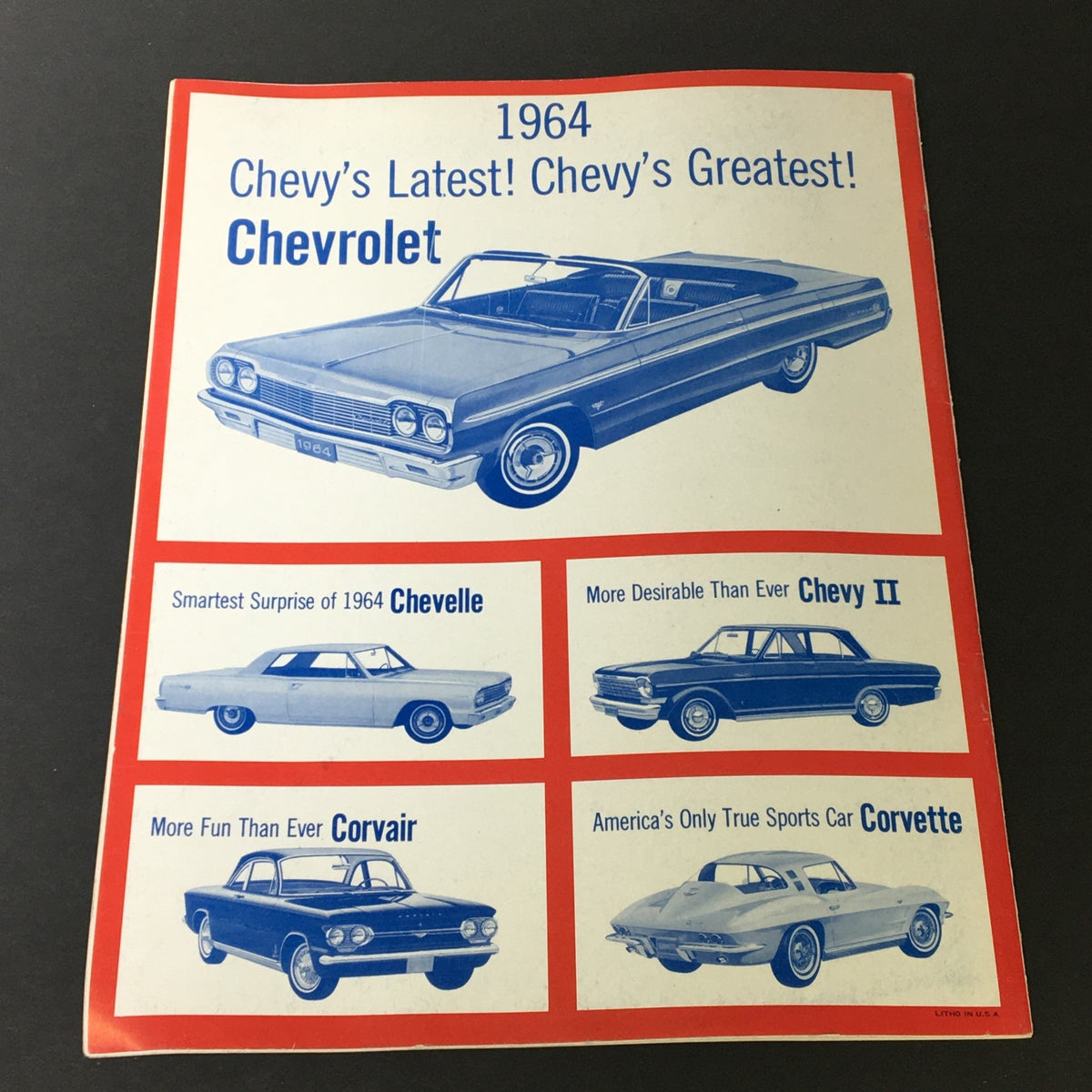 Cover of the 1964 Sing of the U.S.A. with Chevrolet Alphabetical Listings of Songs Songbook showcasing Chevrolet cars, including advertisements for the Chevelle, Chevy II, Corvair, and Corvette.