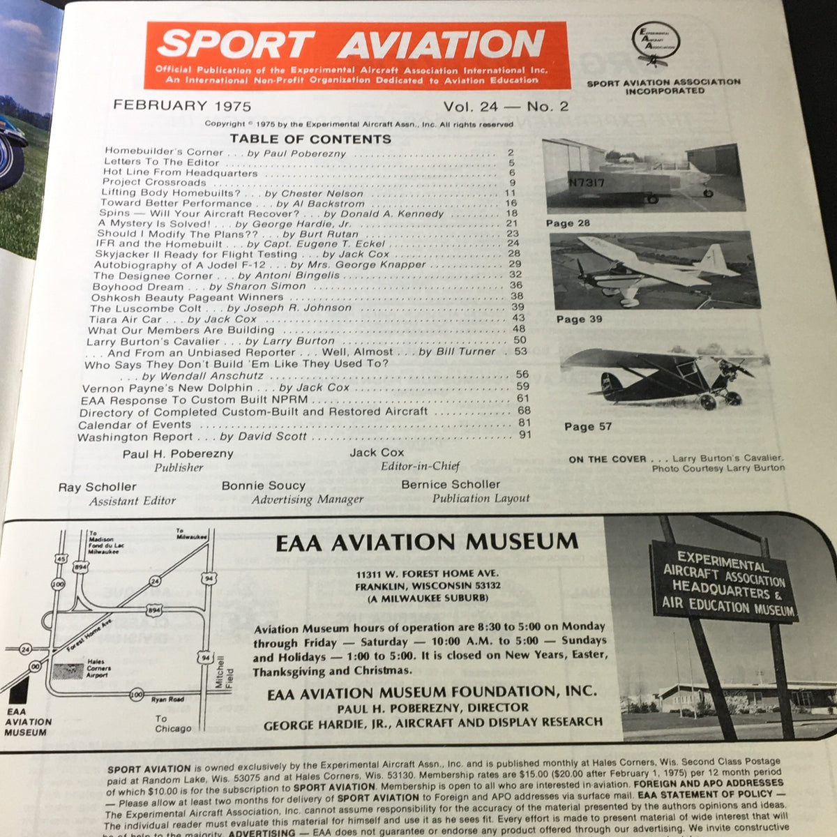 Inside page of Sport Aviation February 1975 Vol 24 #2 displaying the table of contents and information about the EAA Aviation Museum.