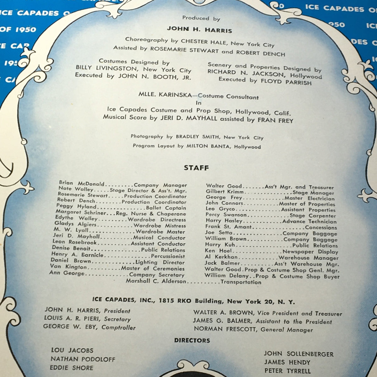 Inside page of the 1950 VTG Ice Capades brochure detailing staff and production crew, showcasing the artistry behind this Walt Disney production.