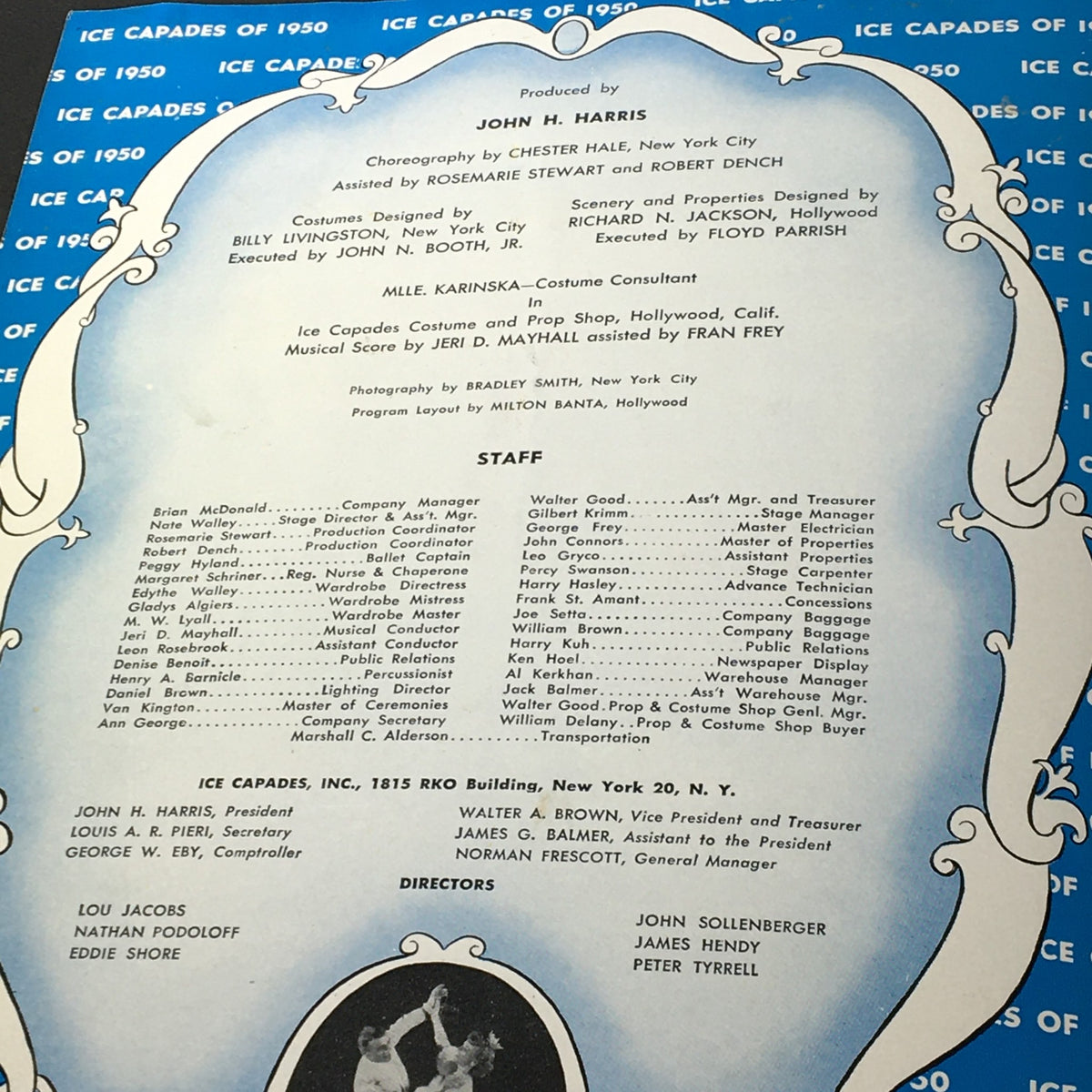 Inside page of the VTG Ice Capades Brochure of 1950 listing staff and production details with a blue background, capturing the historical essence of Disney's ice skating show.