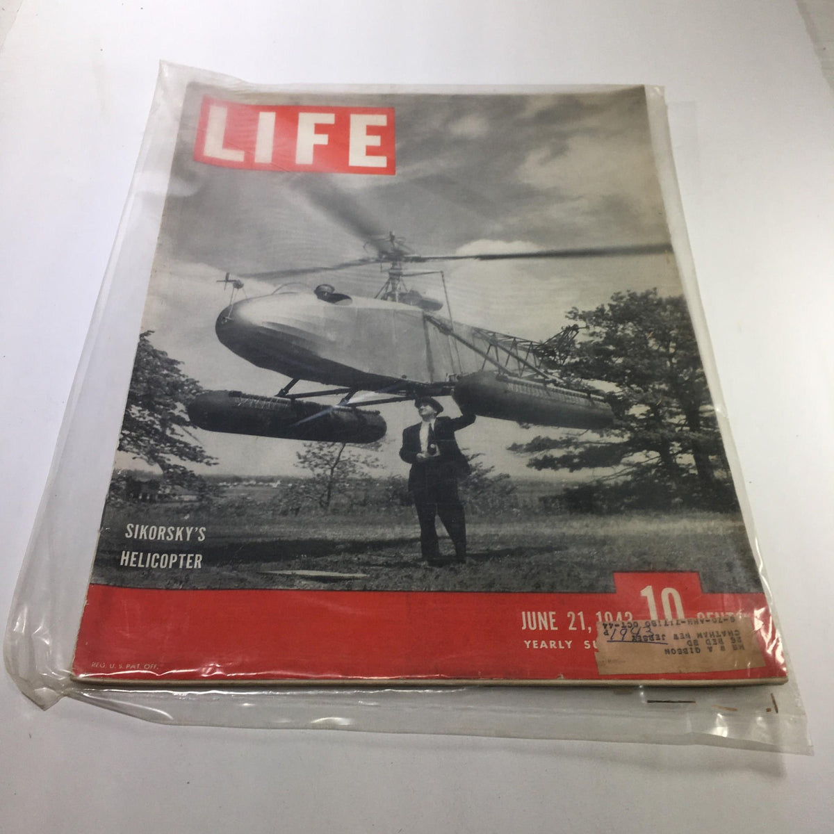Cover of Life Magazine, June 21, 1943, featuring Sikorsky's Helicopter, showcasing vintage aviation history with a black and white photograph of a helicopter and a man standing beside it.