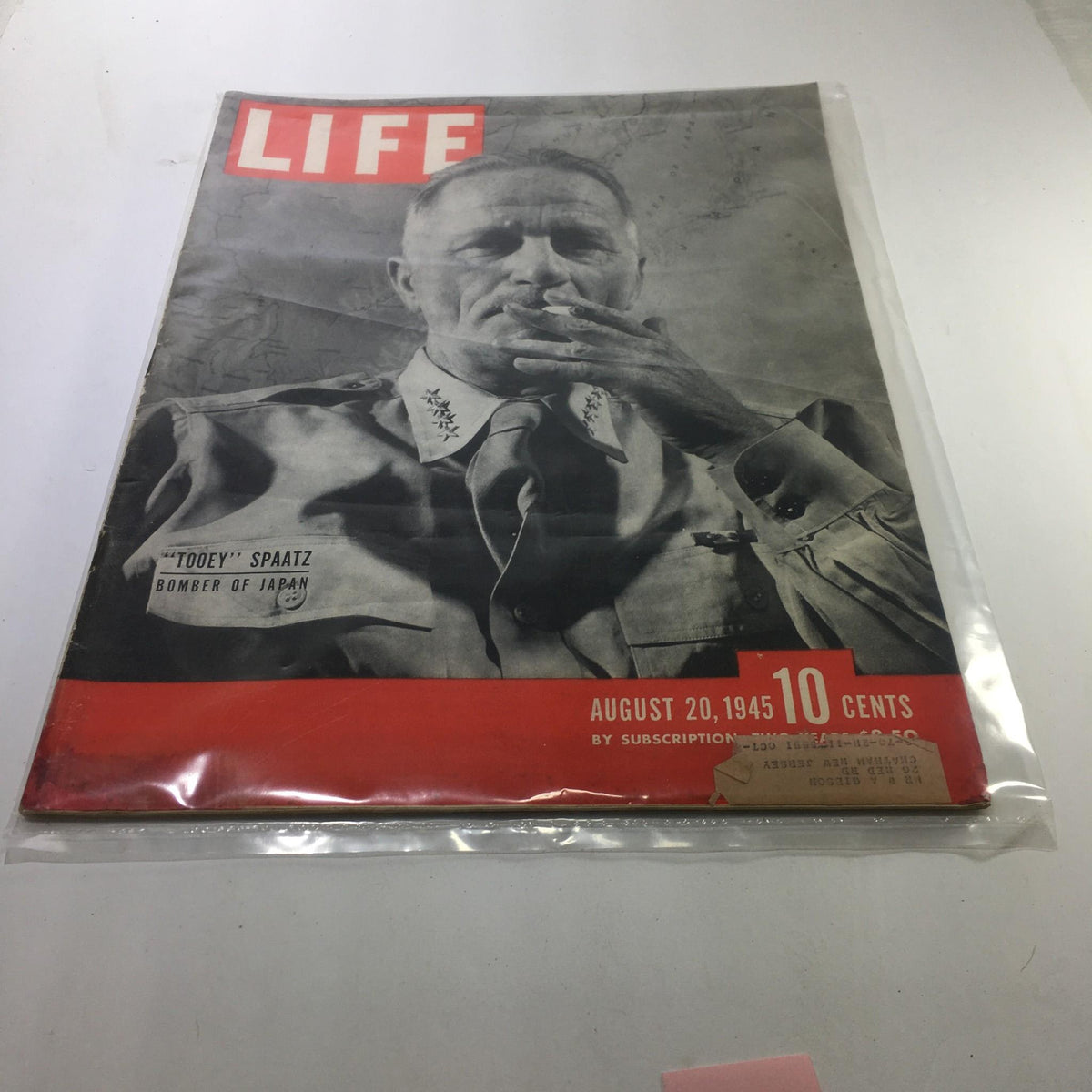 Cover of Life Magazine dated August 20, 1945, featuring 'Tooey' Spaatz, Bomber of Japan. The vintage magazine showcases a historical moment in World War II, highlighting military strategies and the end of the war.