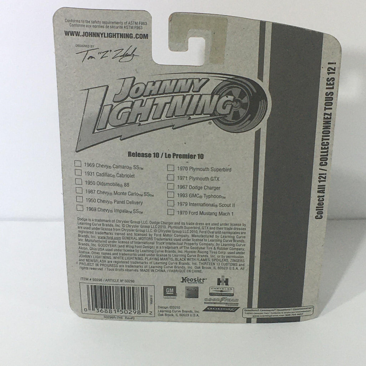Back of the packaging for Johnny Lightning Black with Flames 1987 Chevy Monte Carlo SS diecast model, listing other collectible cars in the series.