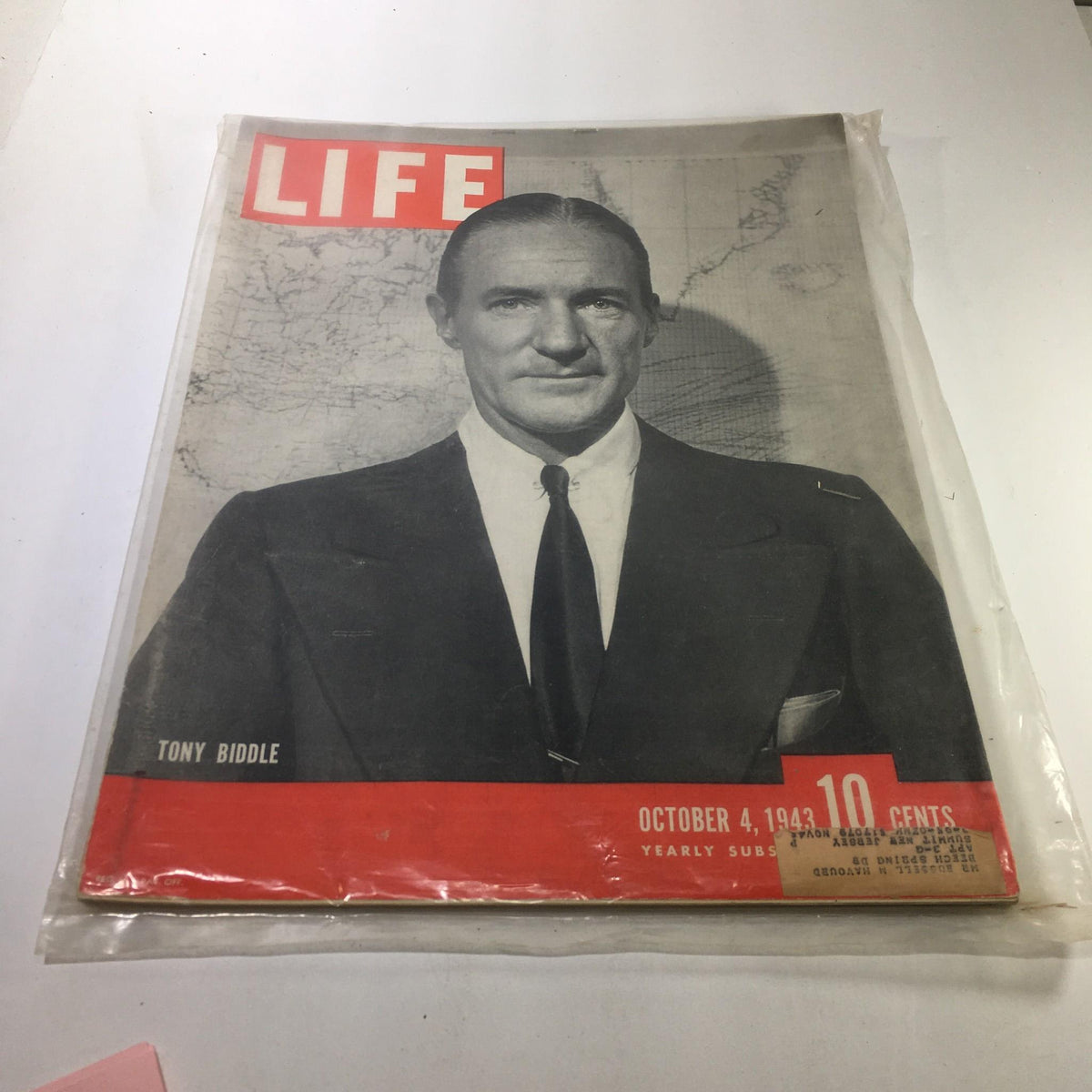 Cover of Life Magazine dated October 4, 1943 featuring Tony Biddle, showcasing historic design with a prominent red banner and a black and white portrait of Biddle against a textured background.