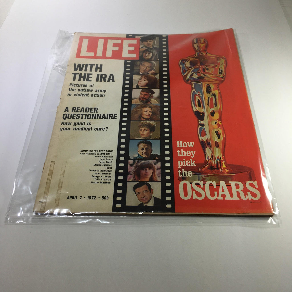 Cover of Life Magazine: April 7, 1972 - How They Pick The Oscars, featuring an Oscar statuette and images of nominees, showcasing the blend of Hollywood glam and investigative journalism from the era.