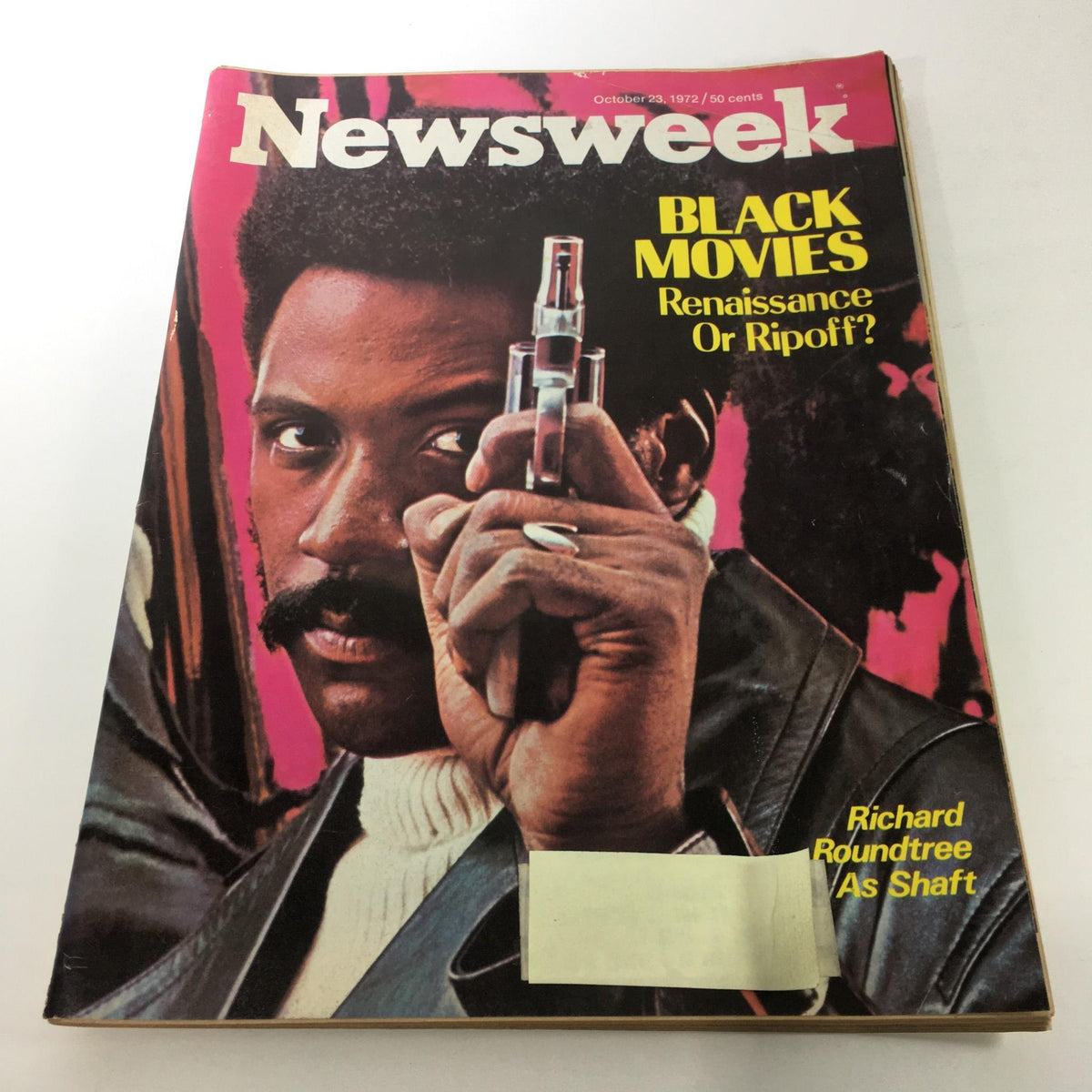 Cover of Newsweek Magazine from October 23, 1972, featuring Richard Roundtree as Shaft, with the headline 'Black Movies: Renaissance or Ripoff?'. The magazine showcases the impact of Black cinema on Hollywood.