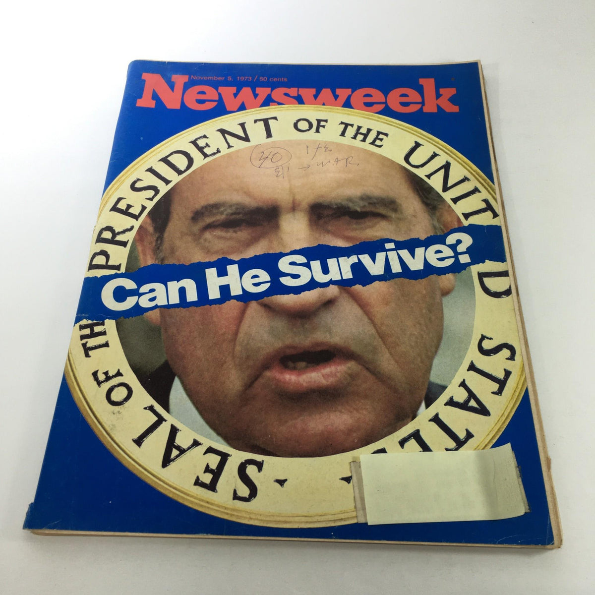 Cover of Newsweek Magazine: November 5, 1973 featuring Richard Nixon with the headline 'Can He Survive?', showcasing a pivotal moment in U.S. political history.